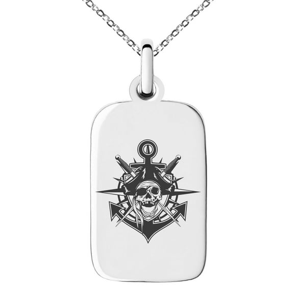 Stainless Steel Jolly Roger Pirate Skull Anchor Engraved Small Rectangle Dog Tag Charm Pendant Necklace