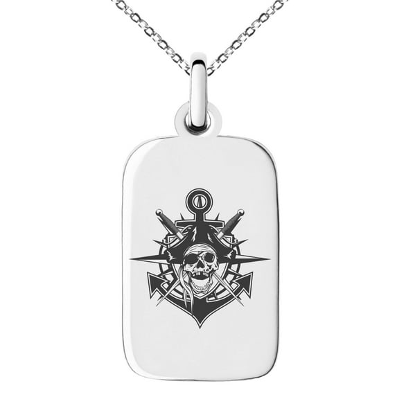 Stainless Steel Jolly Roger Pirate Skull Anchor Engraved Small Rectangle Dog Tag Charm Pendant Necklace