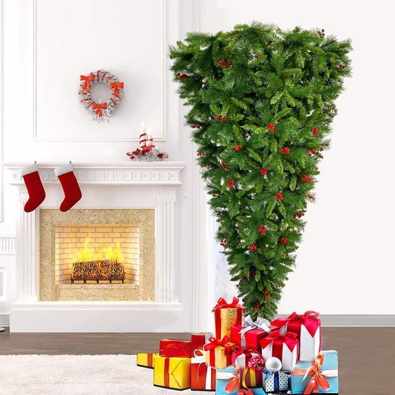 Christmas Trees, SEGMART 7.4ft Upside Down Christmas Spruce Tree with PVC Pine Needles, Realistic Home Christmas Decor Tree with 1500 Tips and 65 Red Artificial Berries for Indoor, SS1735