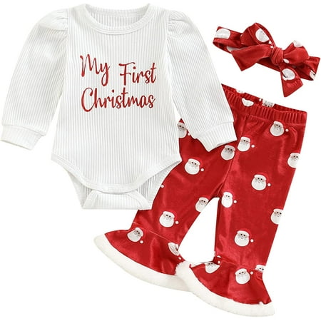 

PIKADINGNIS Infant Baby Girl Christmas Outfit Puff Sleeve Ribbed Romper Velvet Bell Bottom Pants Set With Headband Clothes