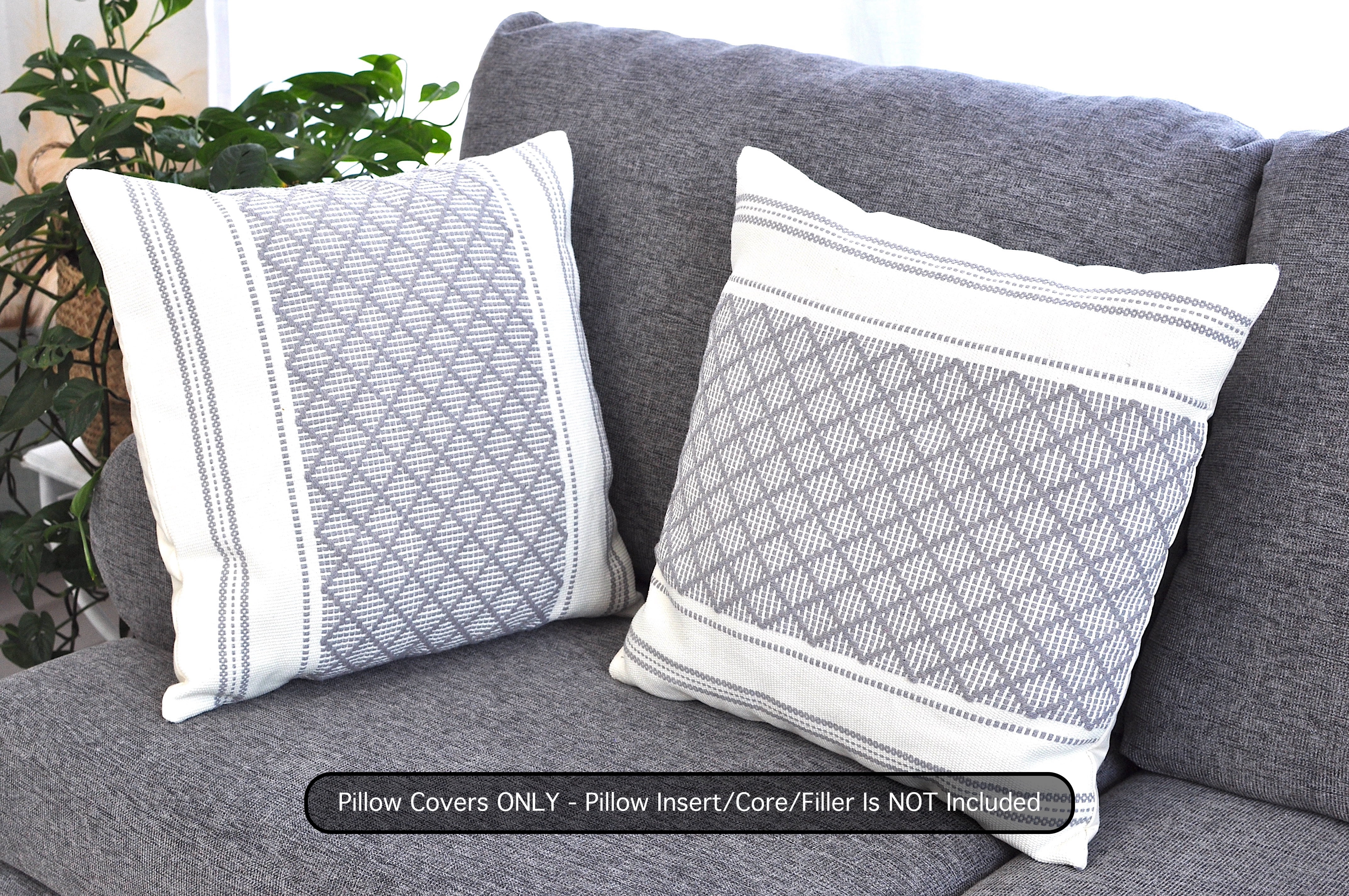 Cotton Woven Designer Throw Pillow Cover, Grey and Cream White, 16 x 16 inches | Square Gray Cushion Covers with Geometric Design Set of 2