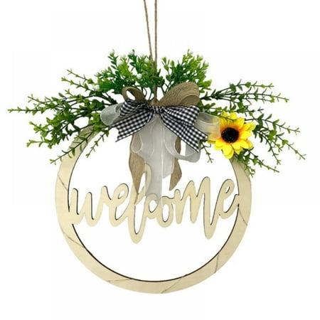 

Welcome Sign Front Door Decor Farmhouse Front Porch Decor Rustic Wooden Wall Sign Home Sign Wooden Easter Home Door Pendant With Light Hollow Welcome Wreath (With Button Battery)
