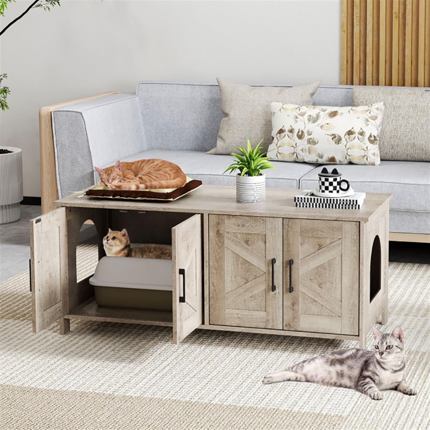 Kadyn 48" Modern Cat Litter Box Enclosure, Hidden Litter Box for 2 Cats, Cat House Furniture for Side Table or Nightstand, Gray