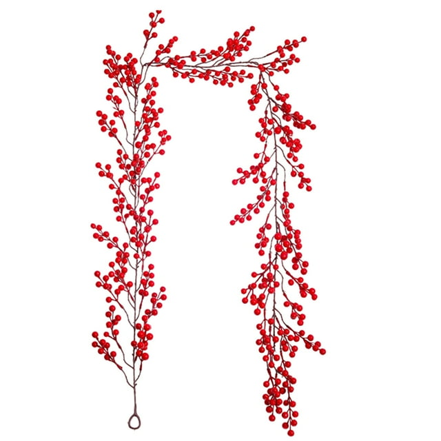 TIELUTT Guirlande de Baies Rouges avec Feuilles Vertes Guirlande de Baies de Noël Filaire Branche de Baies Grande Couronne de Fleurs Séchées de Noël Extérieure Couronne de Perles pour Porte d'Entrée d'Hiver Saint-Valentin pour Porte d'Entrée