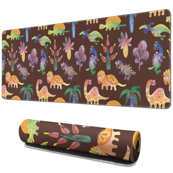 Long Mouse Pads for Desk,Brown Dinosaurs Flowers Trees Pattern Desk Mats on Top Of Desks, Desk Mouse Pad Extra Large with 3mm Non-Slip Base and Stitched Edge for Gaming,Office,Work,Home 31.5"x11.8"