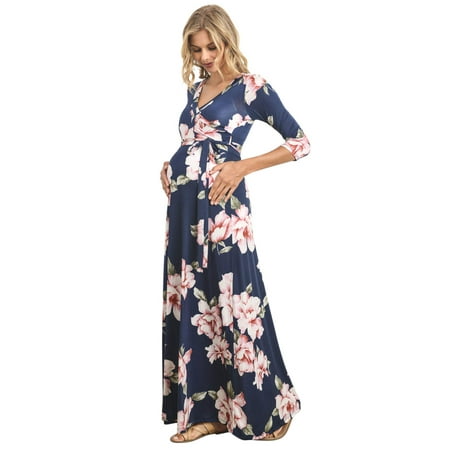 

Women s Maternity Dress Maxi Long Length with Belt M Navy Floral)