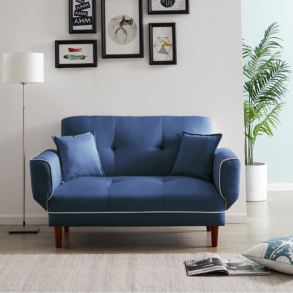Kepooman Mid Century Modern Sofa Sleeper Bed With 2 Pillows, Blue Kepooman Mid Century Modern Sofa Sleeper Bed With 2 Pillows, Blue