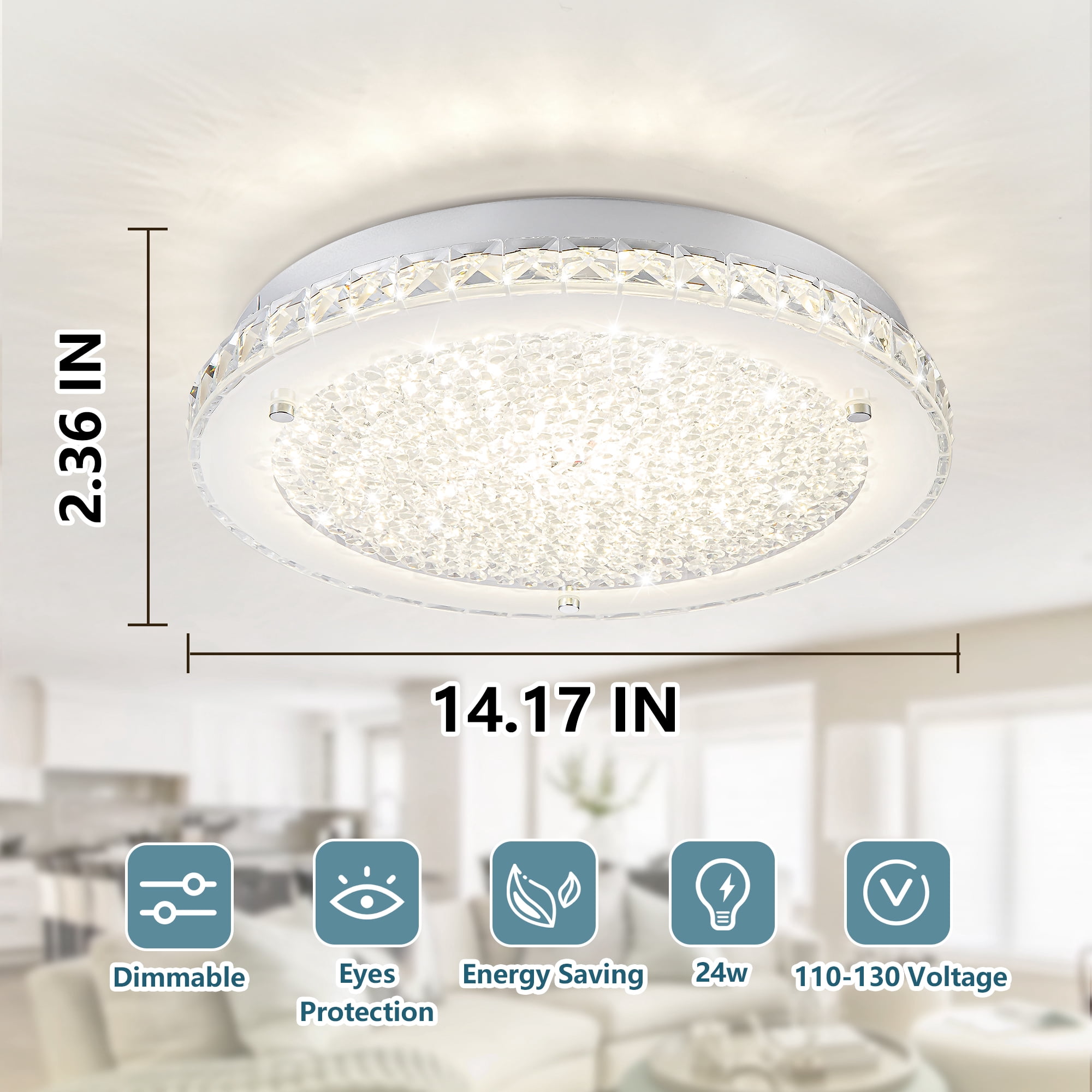 Lzawvm Ceiling Light Fixture Flush Mount Dimmable 4000K Crystal Ceiling Light 14 Inch Kitchen Light Fixtures for Bedroom Hallway Living Room 24W