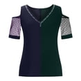 thumbnail image 4 of Pompotops Femmes Casual Col en V Chaud Forage à Froid Épaule Net Fil à Manches Courtes Patchwork T-Shirt Tops, 4 of 6