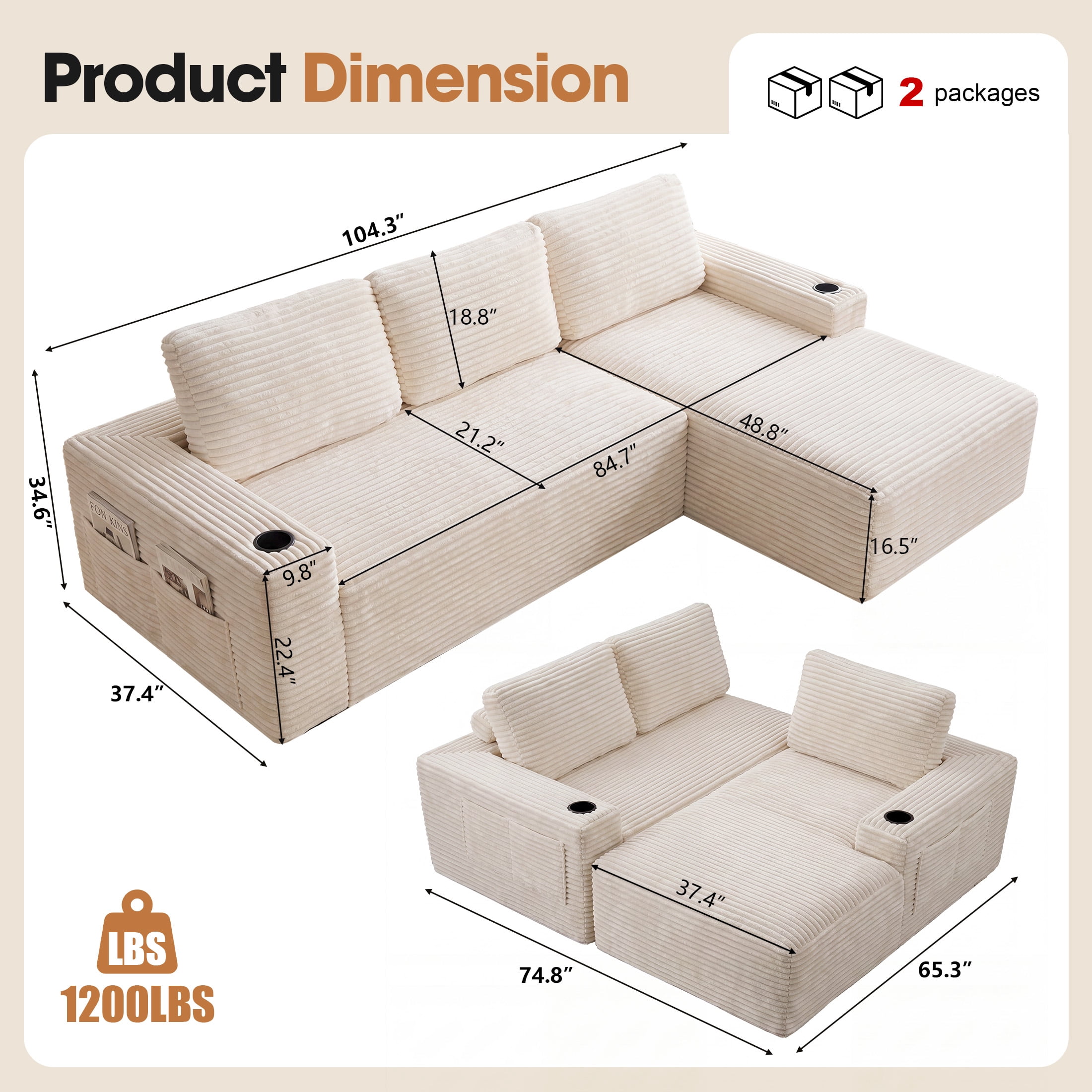 Aenkyo 104 Inch Corduroy L-Shaped Cloud Sectional Sofa with Right Facing Chaise and Cup Holders, Gream