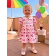 thumbnail image 3 of BemeyourBBs Toddler Baby Girls Birthday Dress Outfit 1 2 3 4 Years Birthday Clothes Cake Bow Print Short Bubble Sleeve Peter Pan Collar Summer Smocked Dress, 3 of 9