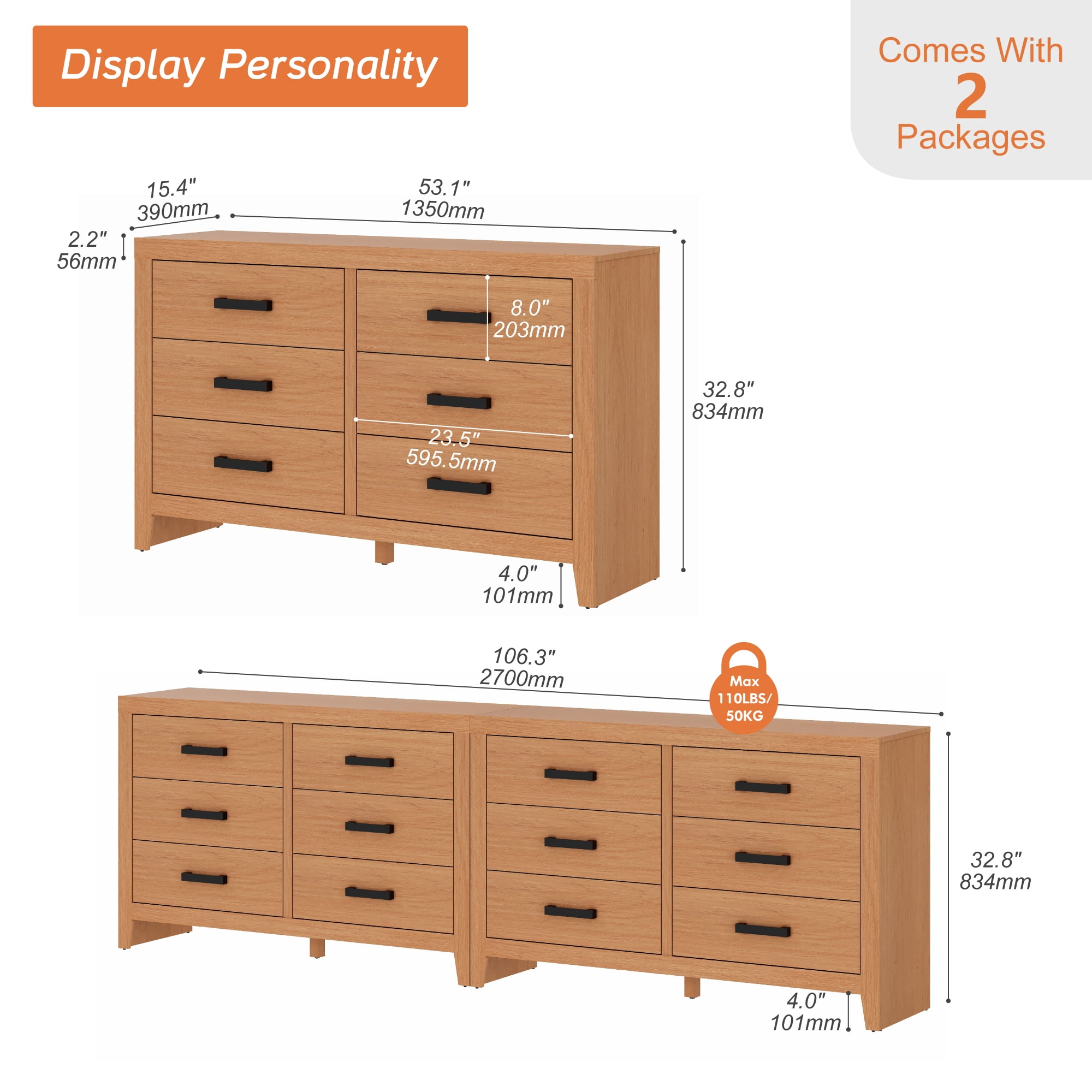 WAMPAT 106" Farmhouse Dresser with 12 Drawers, Extra Wide Wood Chest of Drawers Storage Cabinet for Bedroom, Living Room, Hallway