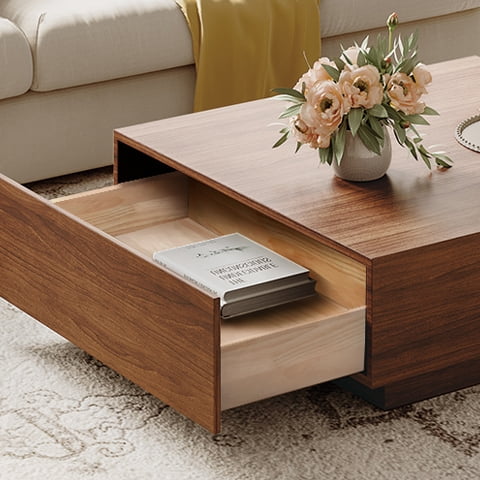 POVISON Mid Century Modern Coffee Table, Minimalist Wood Veneer Coffee Table with Storage for Living Room, Fully-assembled, 35.43'', Brown