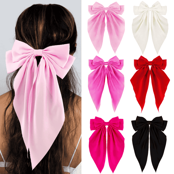 Loqpol 6 PCS Silky Satin Hair Bows, Oversized Long Tail Bows with Barrette Clips, Coquette Hair Accessories for Women and Girls (Black-Red-Hot Pink-Pink-L. Pink-Beige)