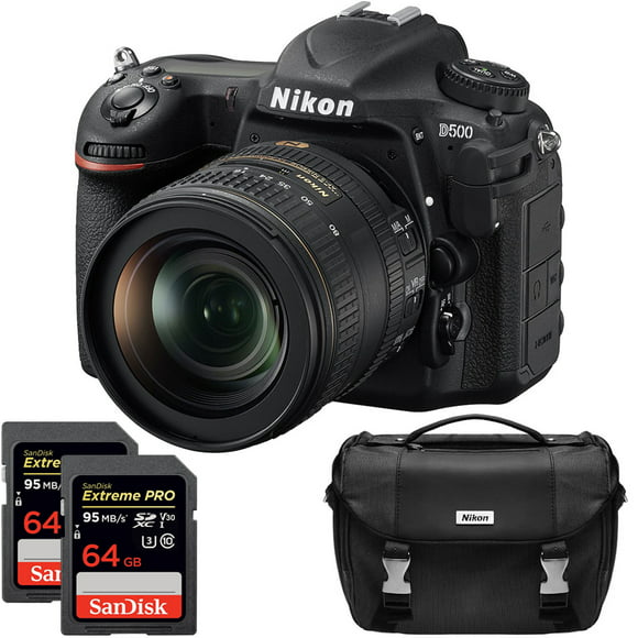 Nikon 1560 D500 20.9 MP CMOS DX Format Digital SLR Camera with 16-80mm VR Lens Kit Bundle with 2x Sandisk 64GB Memory Card and D-SLR Bundle Nikon Deluxe Case And Nikon School DVD