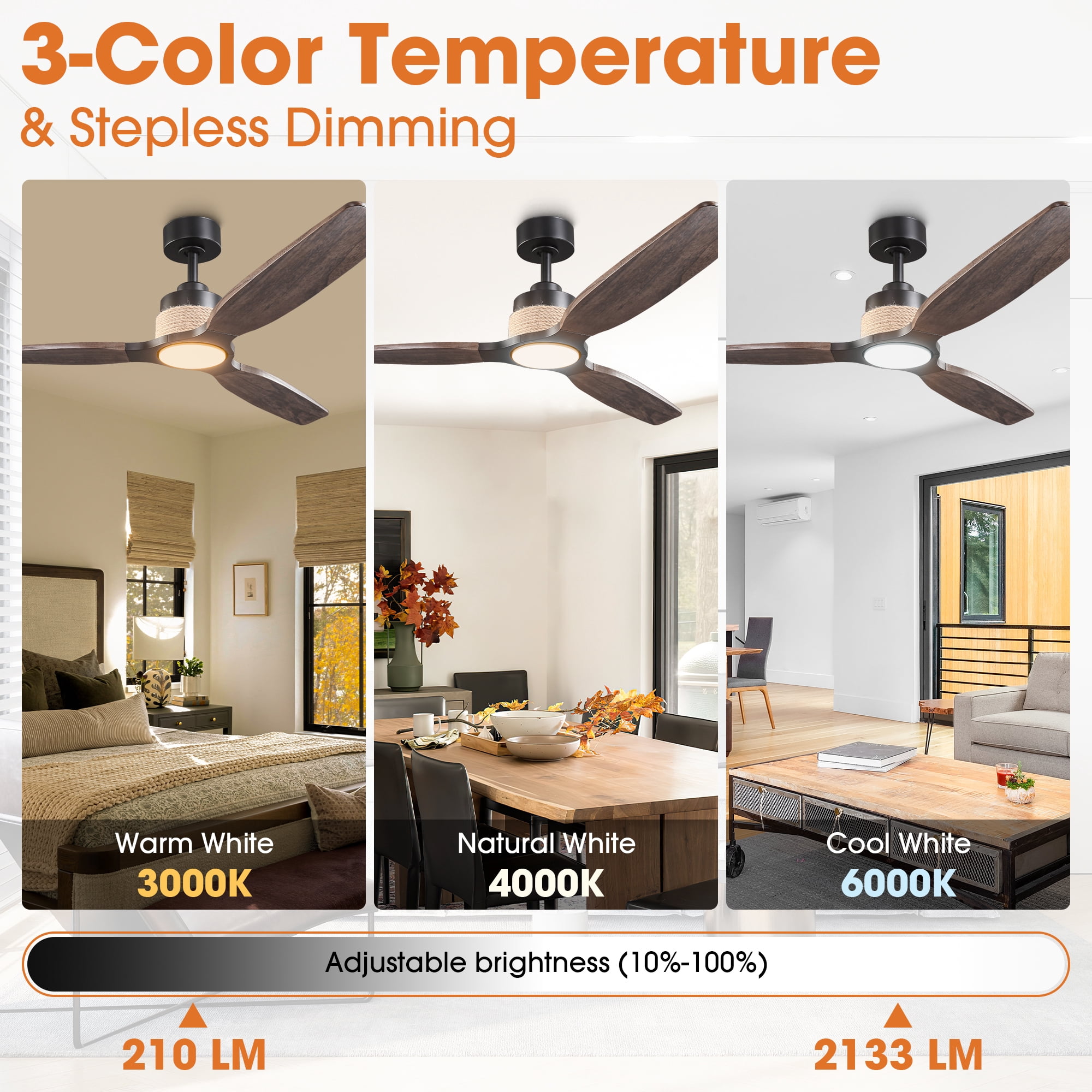 Parrot Uncle 56" Farmhouse Brown Solid Wood Dimmable LED Ceiling Fan with Light and Remote Control, Living Room Ceiling Fan