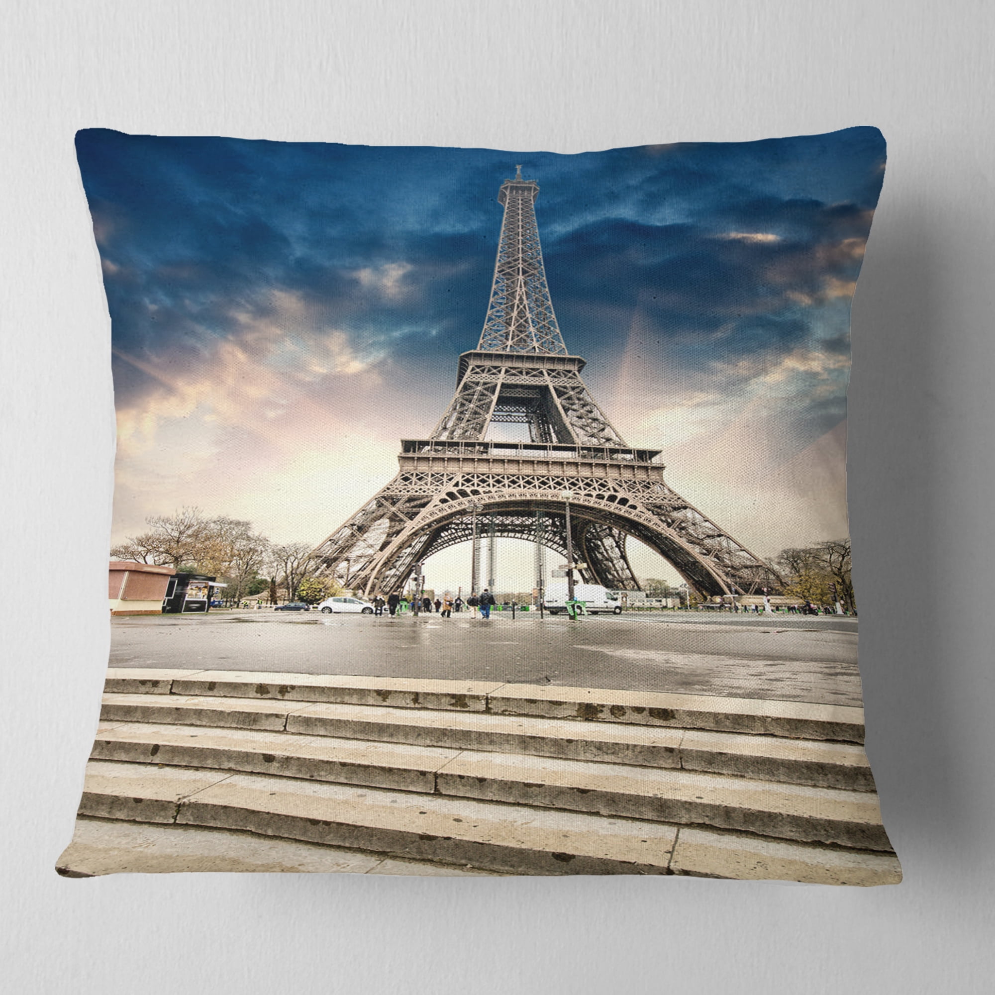 Designart Paris Eiffel Towerwith Stairs - Landscape Photo Throw Pillow - 16x16