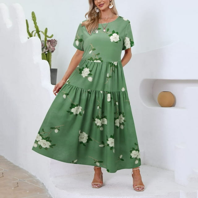 WILLBEST et Femmes Femmes Décontracté Ample Bohème Robe Florale avec Poches Manches Courtes Longue Maxi Été Plage S Robe