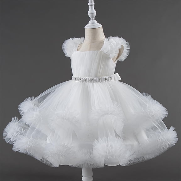 Pejock Girls Princess Lace Dress - Summer Short Sleeve Ruffle Embroidery Mesh with Bow, Round Neck Casual Party Outfit, Church Holiday Birthday Gown for Toddler to Kids (Size 90-140)