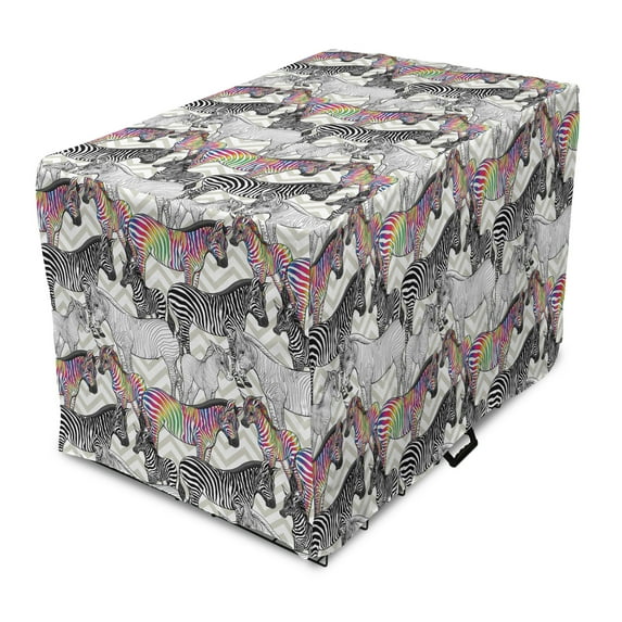 Rainbow Zebra Dog Crate Cover, Abstract Modern Design Print of Funky Animal on Chevrons, Easy to Use Pet Kennel Cover Small Dogs Puppies Kittens, 7 Sizes, Grey Yellow Multicolor, by Ambesonne