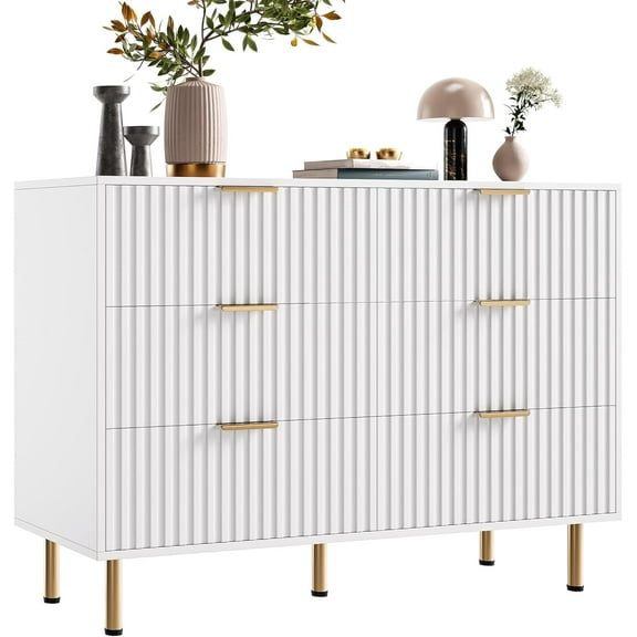 Sunvasagoo Fluted 6-Drawer Dresser, 54" Wide Engineered Wood with Gold Legs & Anti-Tip