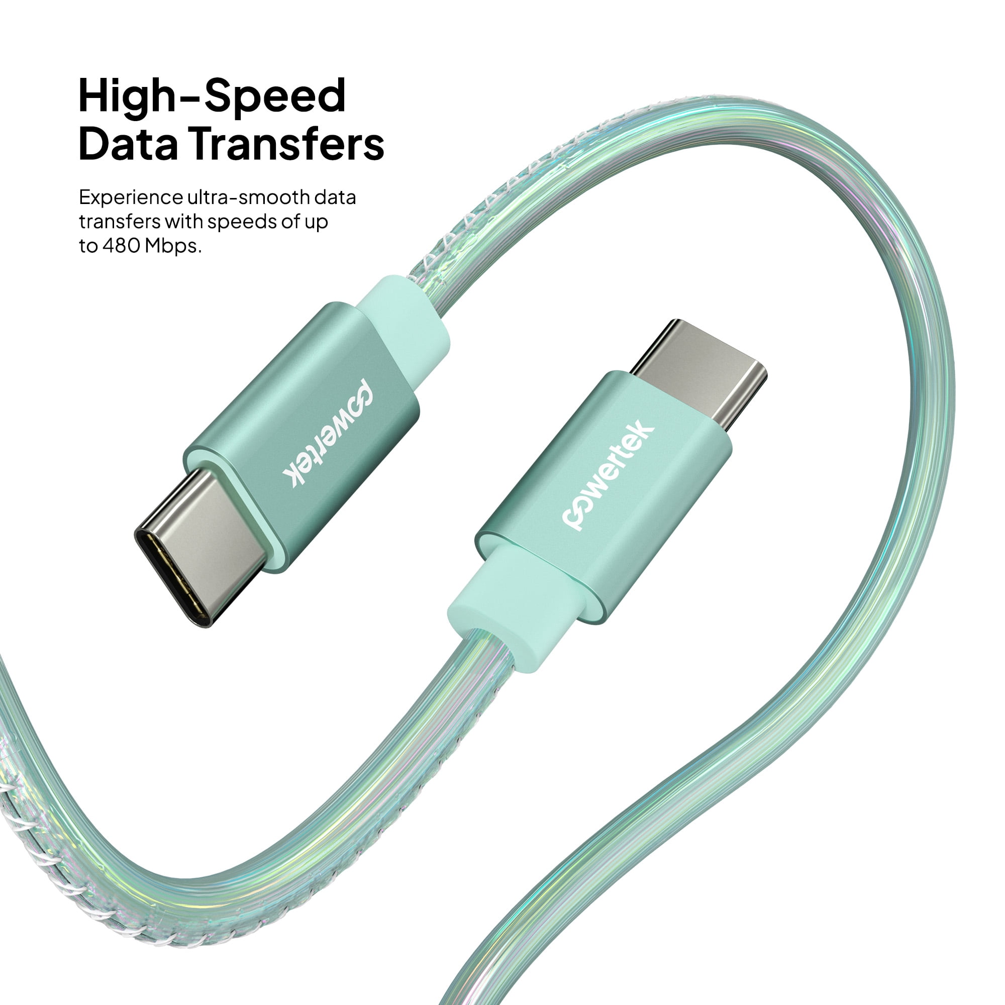 Powertek USB-C to USB-C (Type-C) Metallic Shine Pastel Fast Charging Cable, 60W, 6 ft, Mint