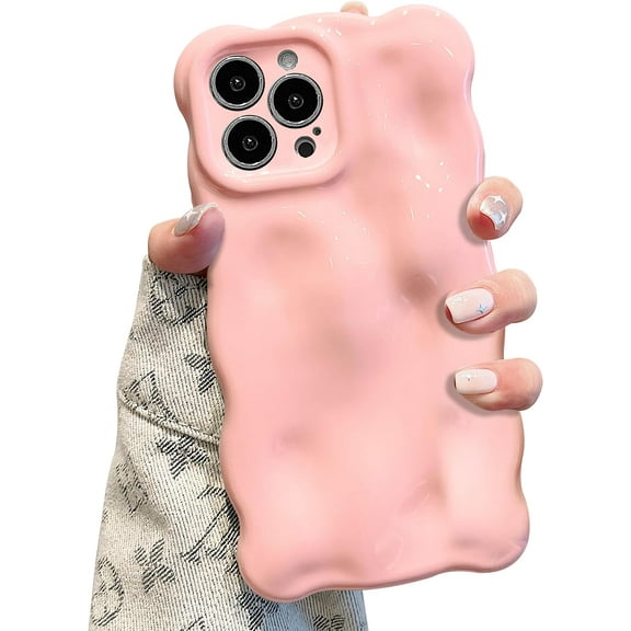 Case for iPhone 15 Pro 6.1 inch, Cute Solid Color Curly Wave Shape Shockproof Soft Bumper Phone Case, Candy Water Ripple 3D Silicon Slim Pretty Case Non-Yellowing Cover, Pink