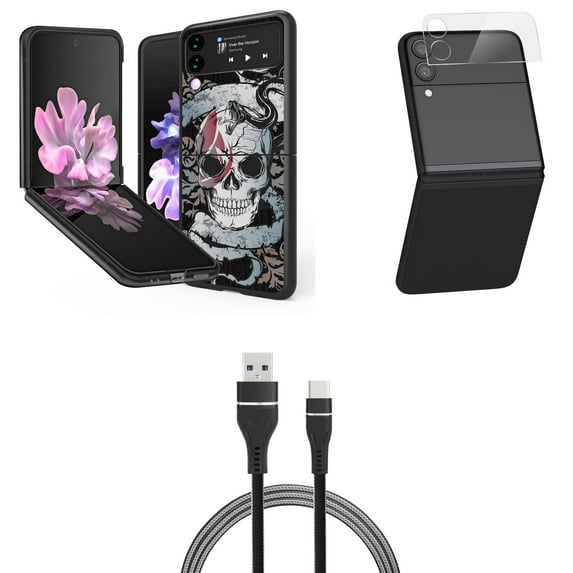 Bemz Premium Bundle for Samsung Galaxy Z Flip 3 5G: Slim Snap-On Protector Case (Red Snake and Skull), Rear Camera Glass Protector, Nylon Braided USB-C to USB-A Cable (3 Feet)