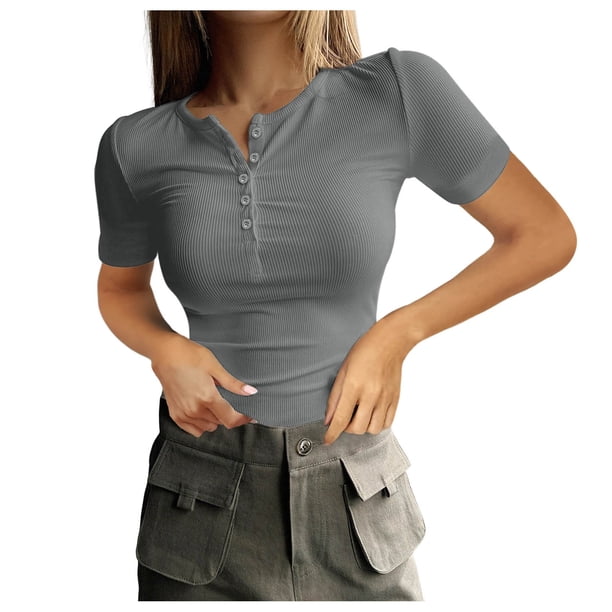 Top de punto ajustado de manga corta con botones y canalé para mujer - Blusa informal de moda