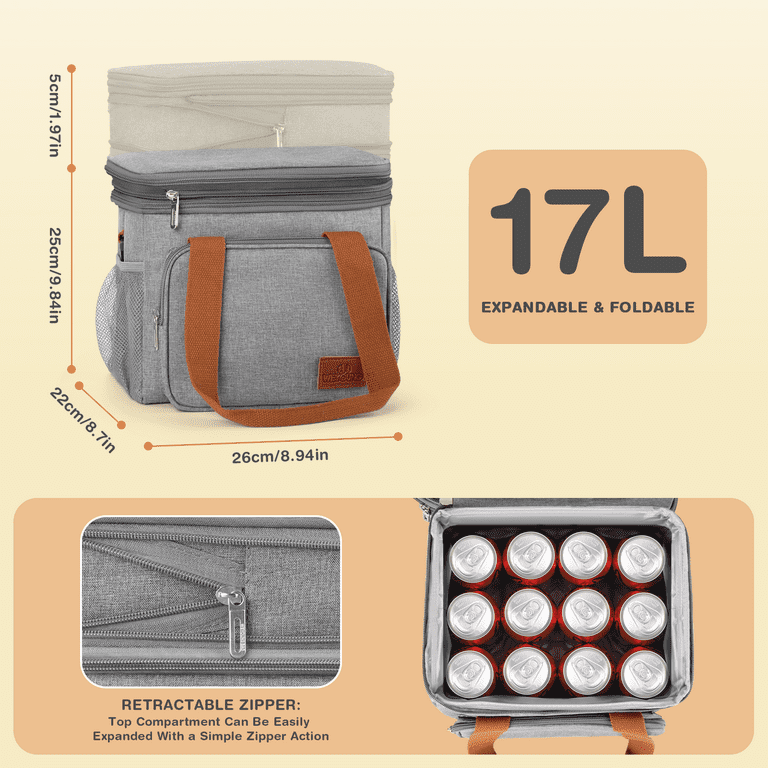 Double Layer Cooler Insulated Lunch Bag Adult Lunch Box Large Tote Bag for Men, Women, with Adjustable Strap,Front Pocket and Dual Large Mesh Side POC