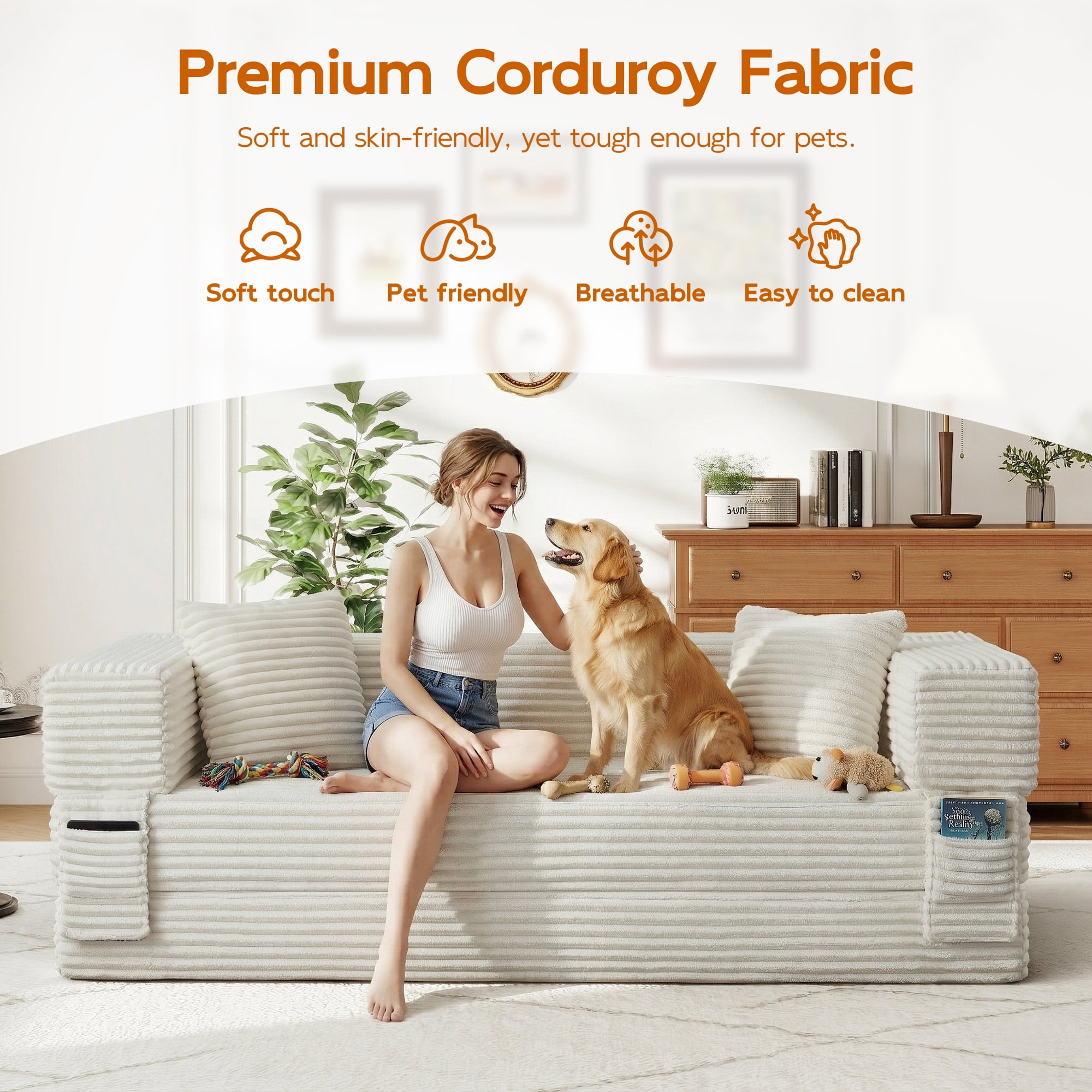 Aukfa 78.7" Corduroy Convertible Sofa Bed, Boneless Sleeper Sofa Couch for Living Room Apartment,Beige