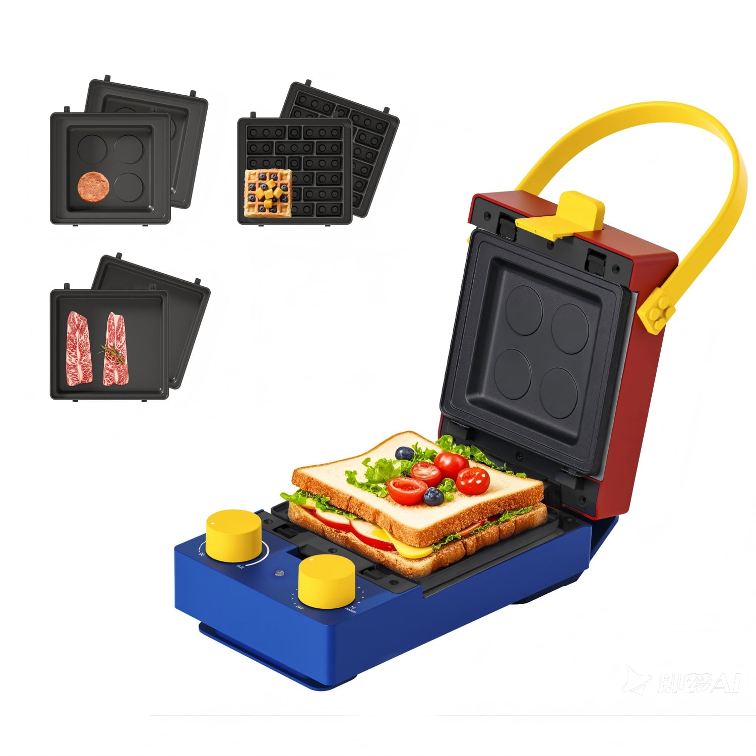 CANDY 3-in-1 Waffle Maker Panini Press, Red, Removable Plates, Compact Design