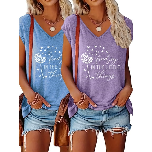 ZOELNIC 2-Pack Womens Dandelion Print Tshirt Cute Graphic Floral Tees Short Sleeve Summer Tee Tops, S
