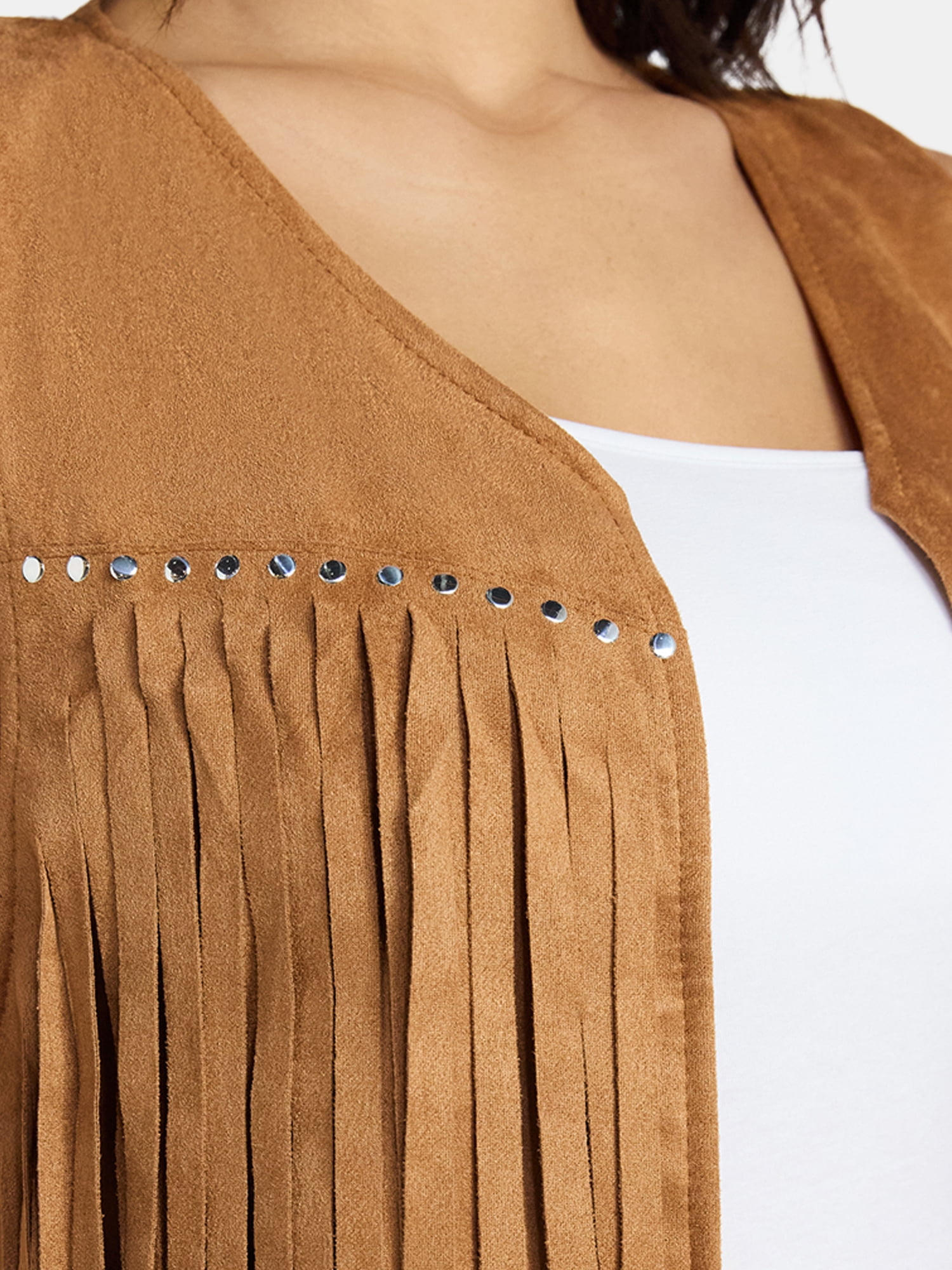 Madden NYC Women's Faux Suede Studded Fringe Vest, Khaki, Sizes S to XL