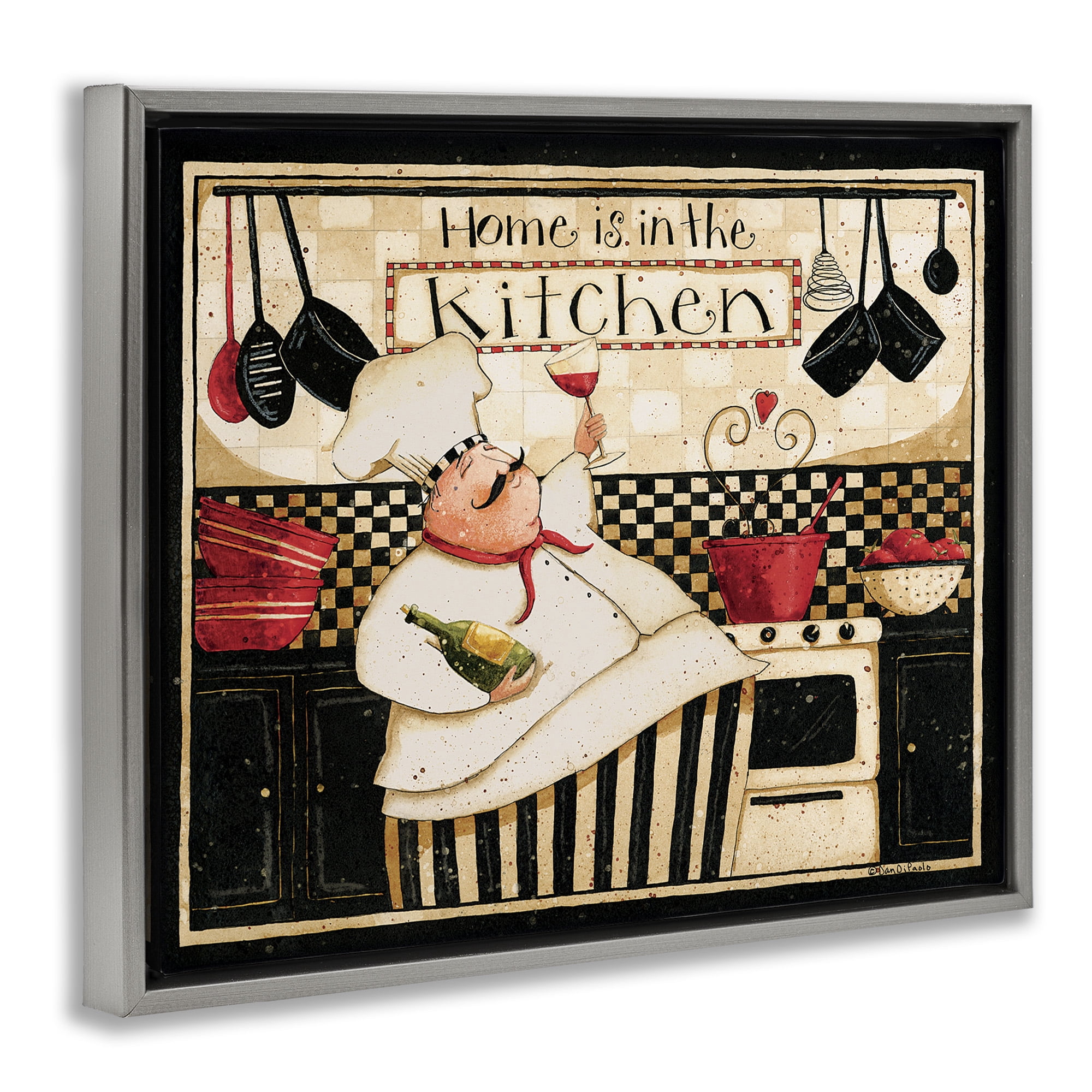 Stupell Industries Happy Chef Kitchen Phrase Food & Beverage Painting Gray Floater Framed Canvas Art Print Wall Art, 31 x 25