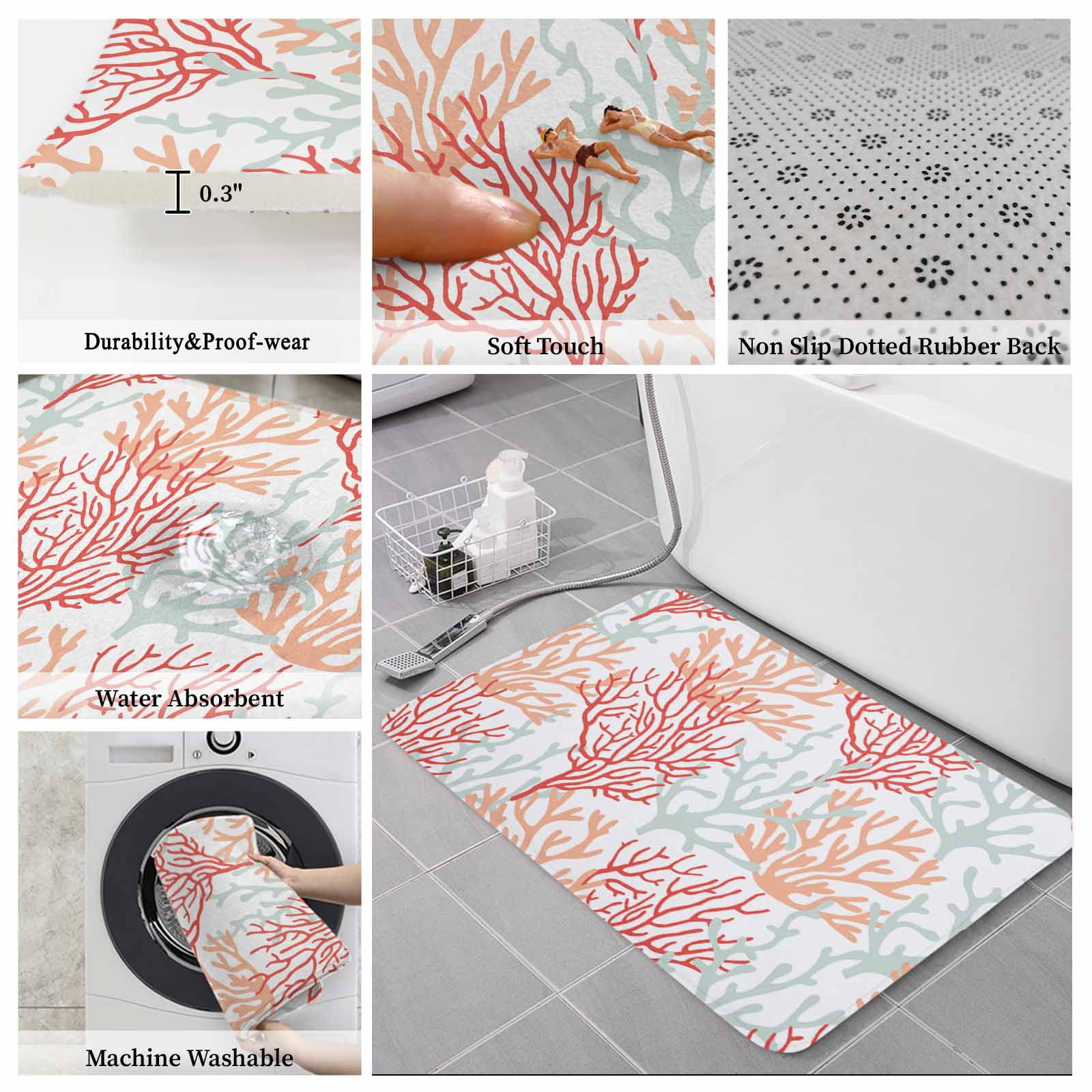 Red Orange Grey Coral Coastal Bath Mat 3 Piece Bathroom Rug Set, Summer Beach Seaside Nautical Non Slip Bath Rug Contour Mat and Toilet Lid Cover, Absorbent Shower Mats Soft Bath Rugs and Mats Sets