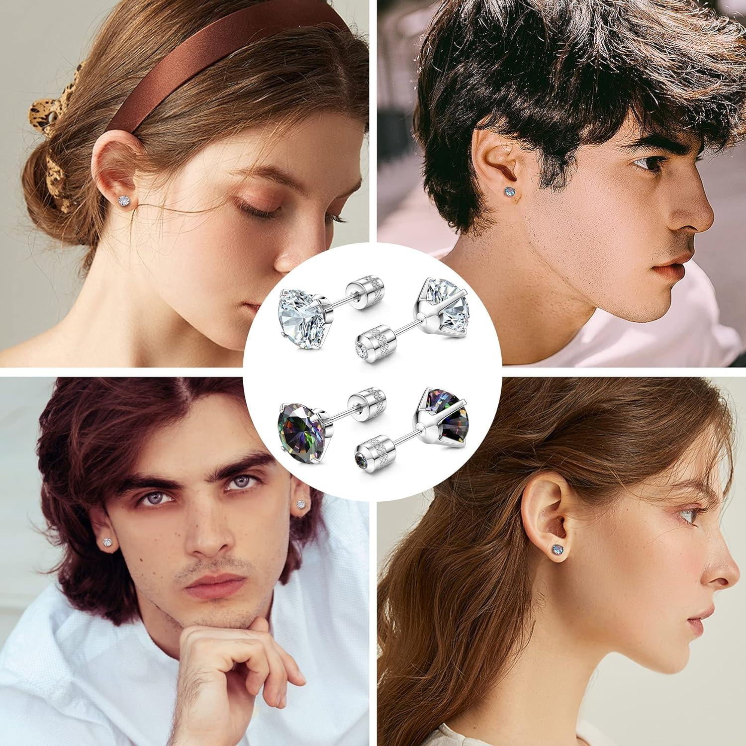 Jstyle Titanium Stud Earrings for Men Women, Studs Hypoallergenic, G23 Titanium Earrings for Sensitive Ears, Titanium Screw Back Earrings Round Cut CZ Stud Earrings Surgical Steel
