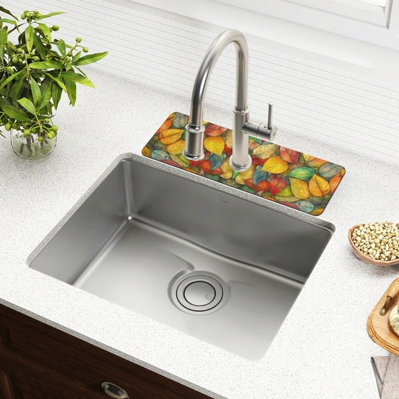 Yayeee Faucet Mat for Kitchen Sink 14.7" Diatomite Long Splash Guard Pad, Retro Autumn Leaves