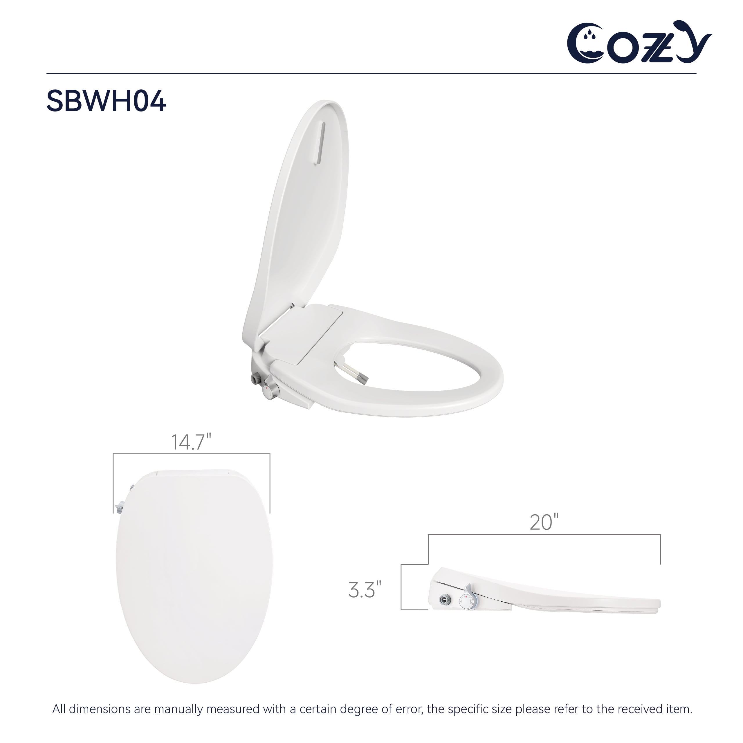 COZY SBWH04 14.7 x 20 ft Electric Bidet Seat, Corded Electric, White, with Adjustable Temperature