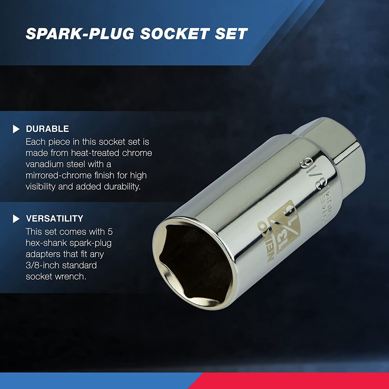 NEIKO 02500A 3/8" Drive Spark Plug Socket Set, 5 Piece, SAE And Metric, Rubber Retaining Inserts, Cr-V Steel, 14mm, 18mm, 9/16, 13/16, 5/8 Spark Plug Socket, Deep Well Socket Set, Spark Plug Tool
