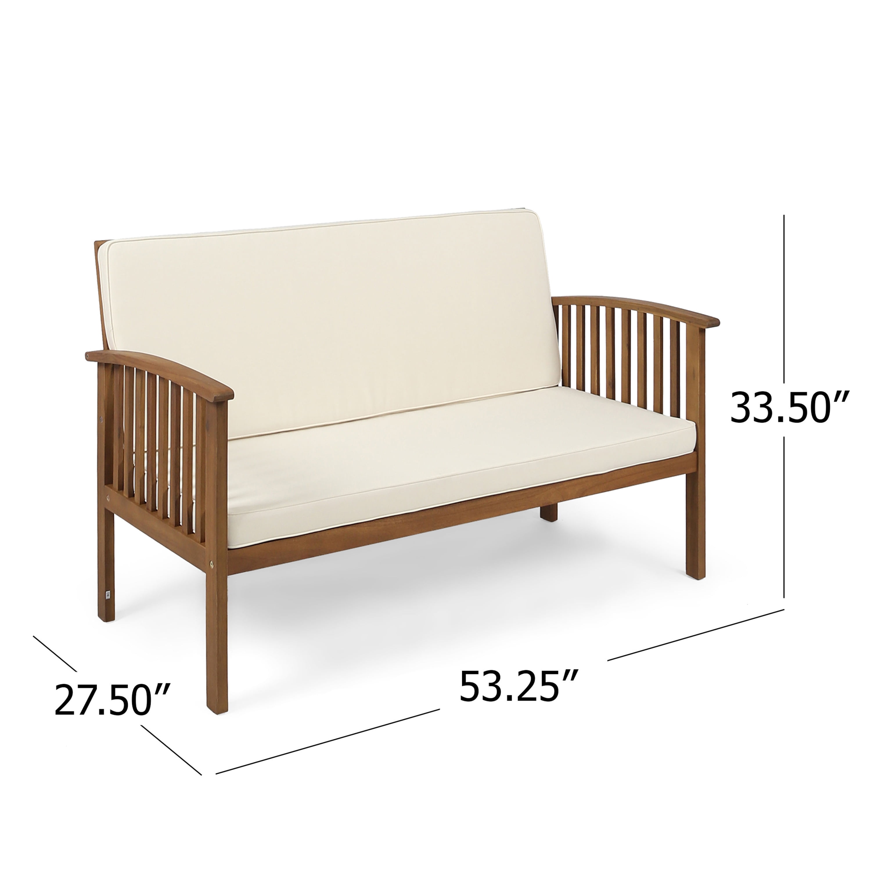 Outdoor Double Seat Loveseat Sofa, Solid Acacia Wood Frame Leisure Couch for Patio Garden, Teak and Beige