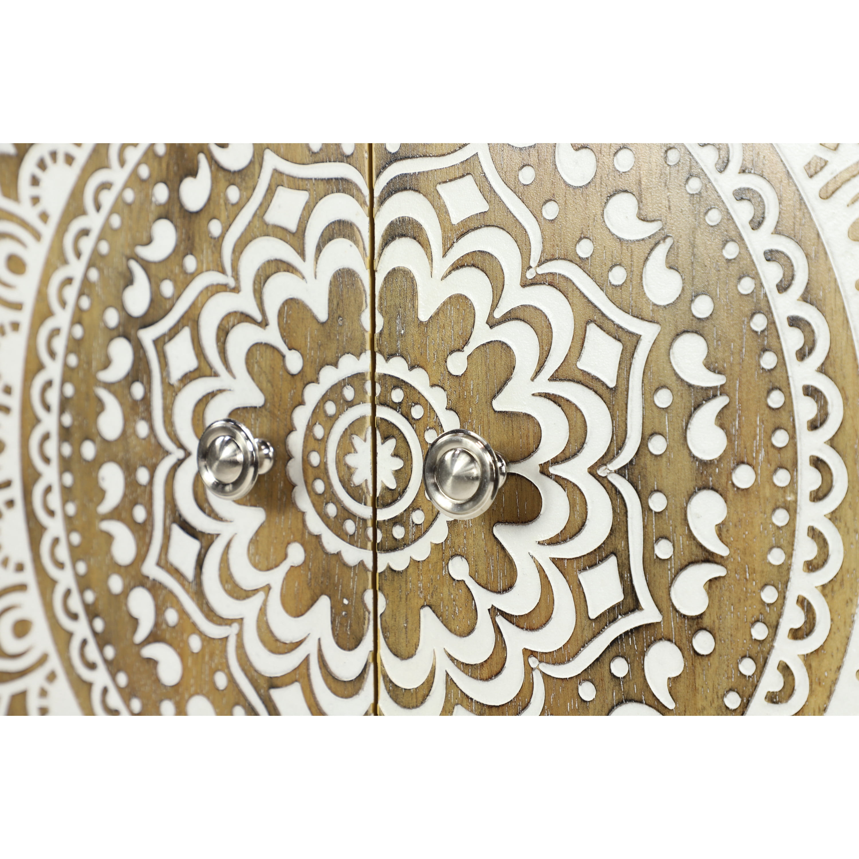 DecMode 32" x 36" Brown Wood Intricately Carved 1 Shelf and 2 Doors Floral Cabinet, 1-Piece