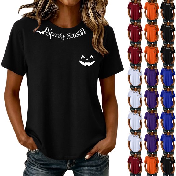 Pumpkin Spooky Graphic Tees for Women Crew Neck Short Sleeve Fashion Tops Fall Shirts Black M