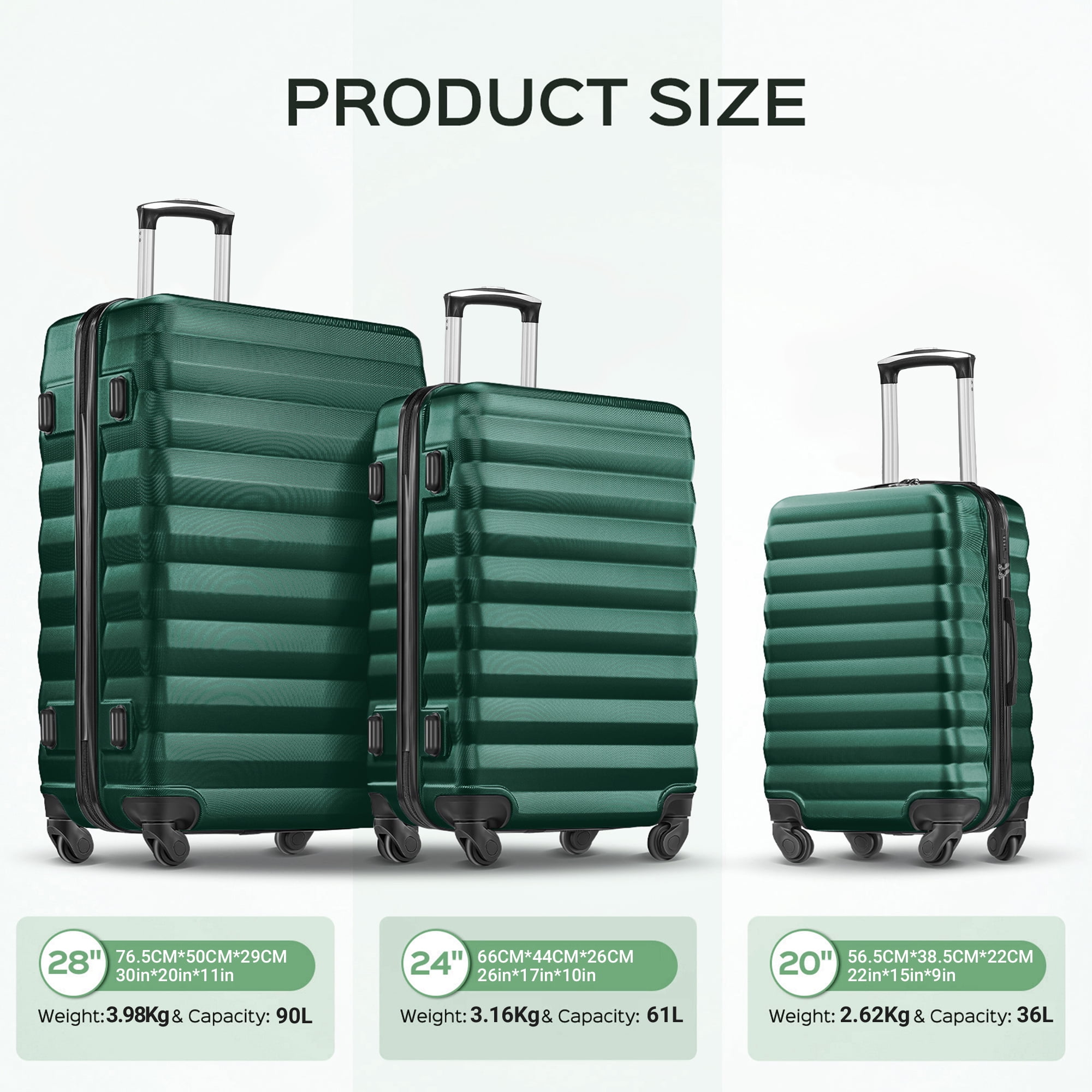 Gowill 3 Piece Luggage Sets 20"/24"/28" Lightweight Hardshell ABS Checked Suitcases with Spinner Wheels, Green