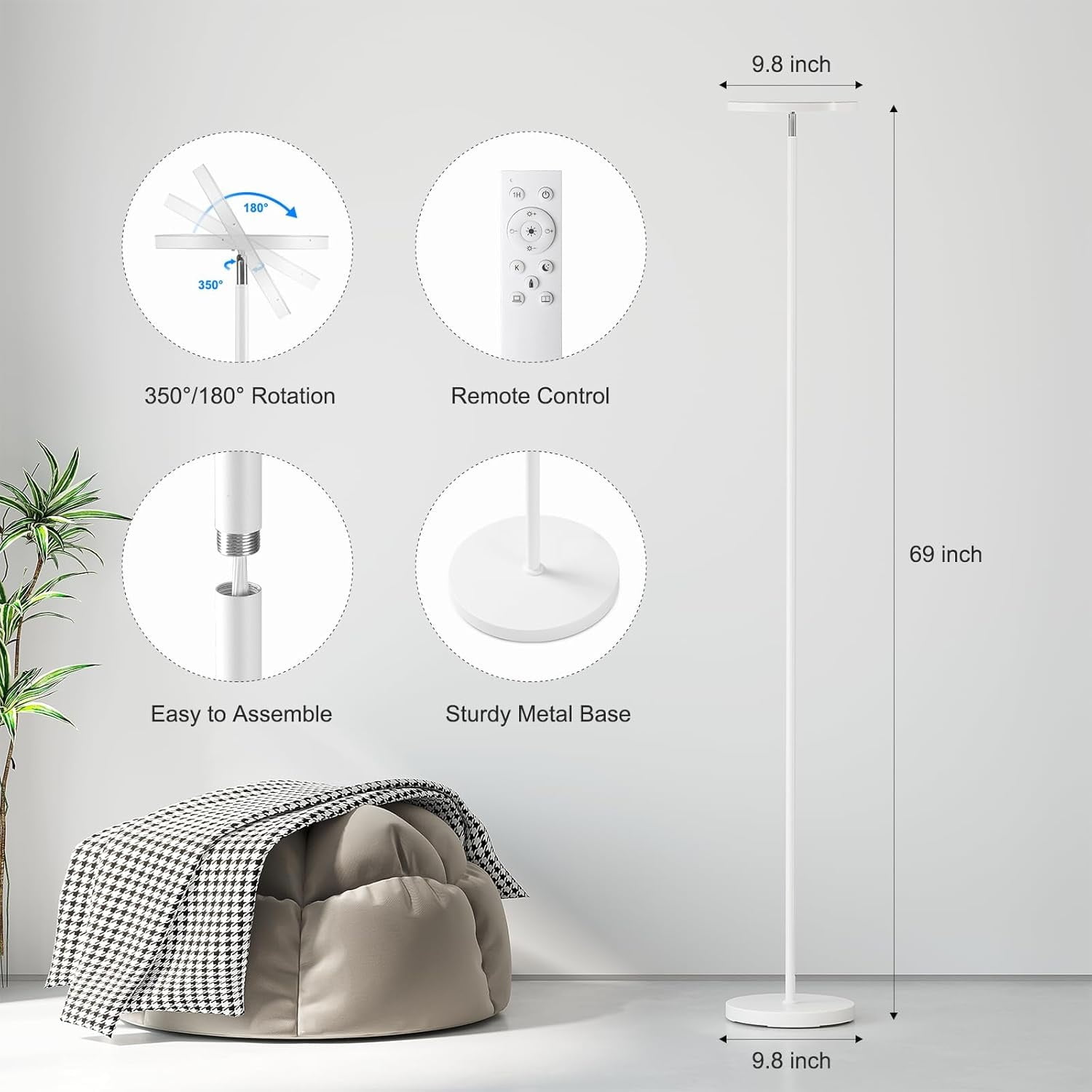 Floor Lamps for Living Room, 32W/3000LM Super Bright LED Floor Lamp with Remote Control, 69" Tall Standing Lamp with Stepless Dimmable, Modern Corner Lamp for Bedroom, Office White