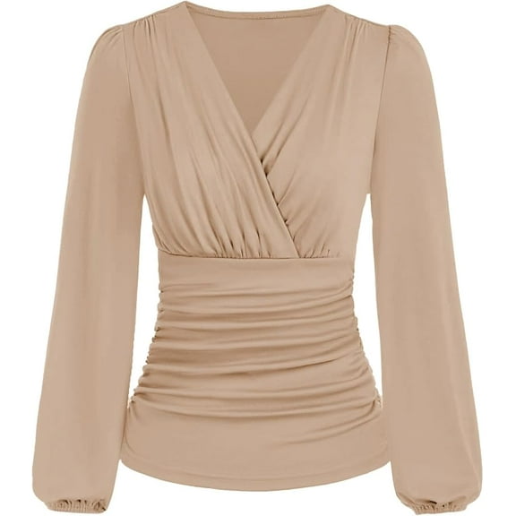 Womens Tops Elegant Wrap Blouse V Neck Work Shirts Fall Fashion Long Sleeve Dressy Casual Ruched Top
