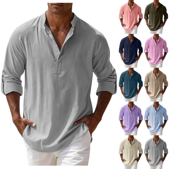 Men's Long Sleeve Cotton Linen Shirts Solid Color Faddish Stand Up Collar Button Down Pullover Shirt Casual Soft Comfort Workout T Shirts