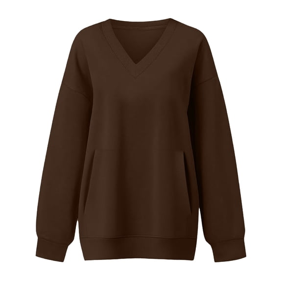 Women's Plus Size V-Neck Hoodless Sweatshirt - Long Sleeve with Pocket Pullover, Elegant Casual Athletic Top,Size:S