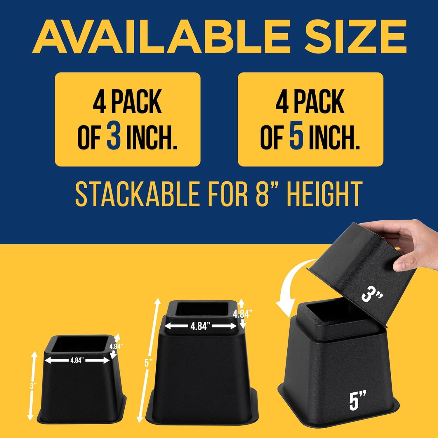 LifeMaster 8pcs Adjustable Bed Risers - 3" + 5" Heights, Heavy Duty Furniture Risers for Sofa, Couch, Under Bed Storage (Black), Total 1300lbs Support