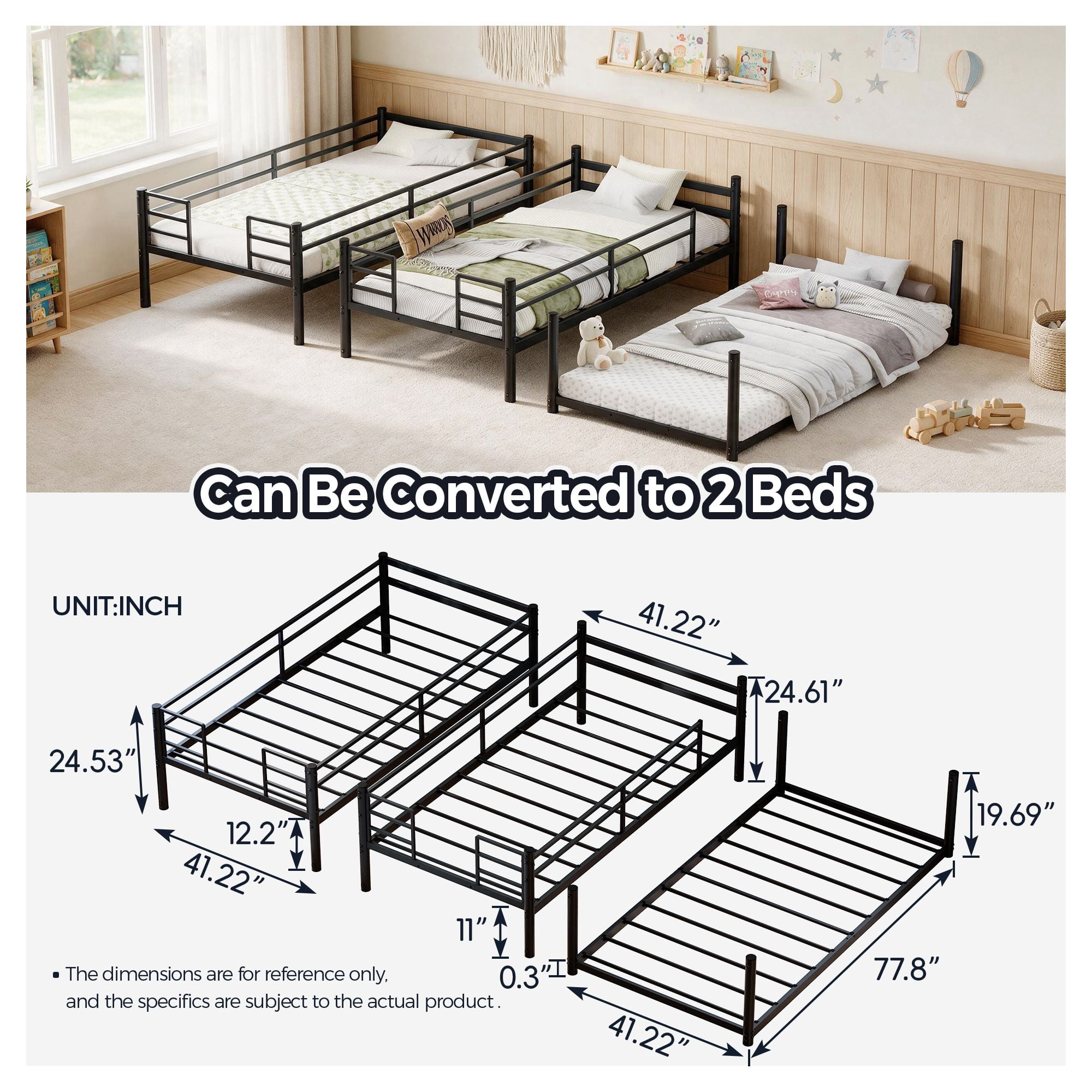 Alvantor Triple Twin over Twin Metal Bunk Bed, 3-in-1 Convertible Frame, Black